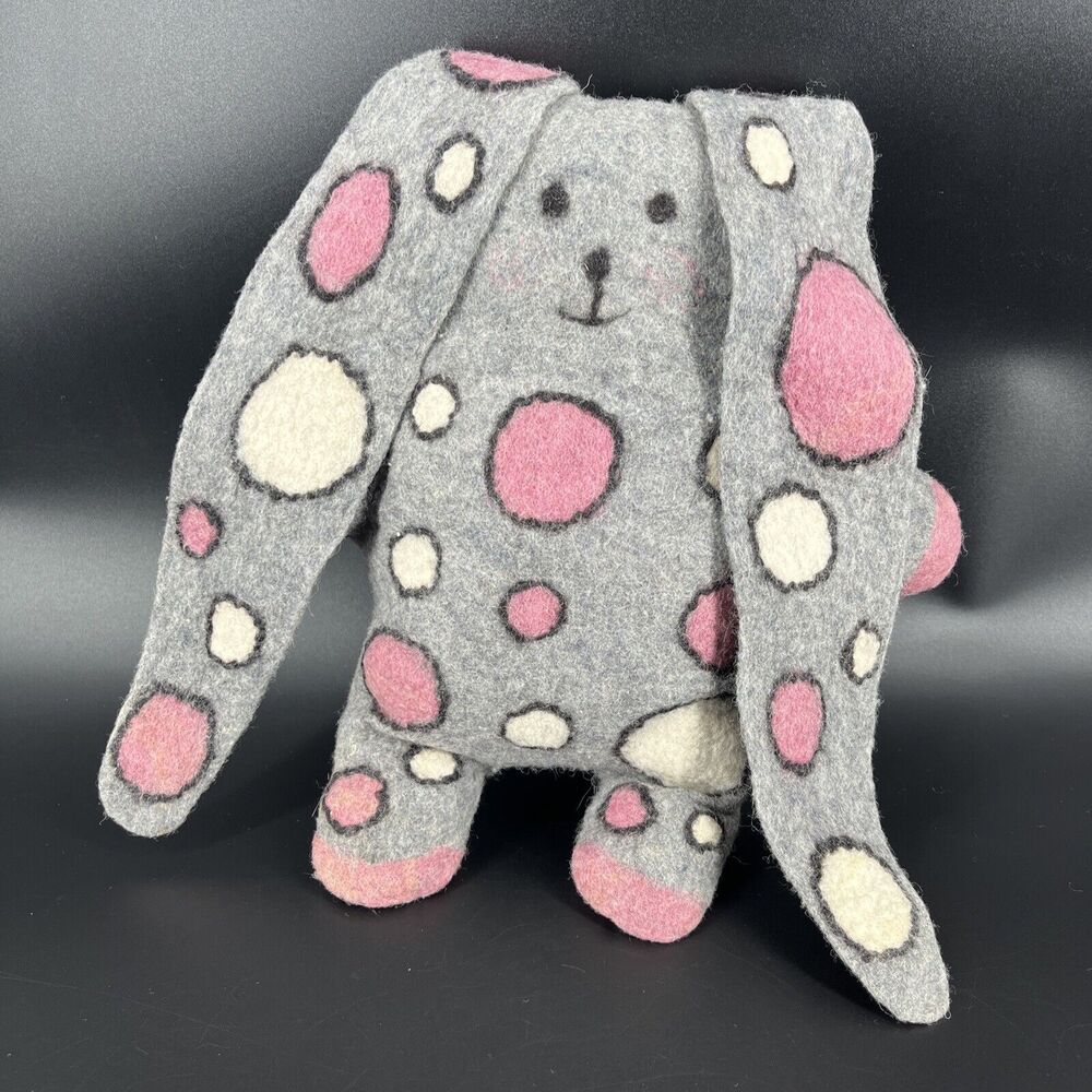 Primitive Folk Art Polka Dot Bunny Easter Rabbit Home Decor Grey Felt Long Ears